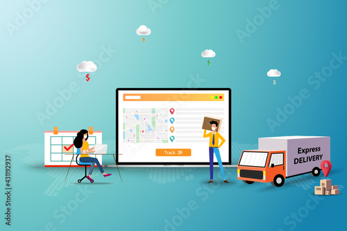 Business concept of delivery tracking, team of logistics are working to track the shipment to deliver the goods to customer in front of a big screen of laptop that contain map and GPS.