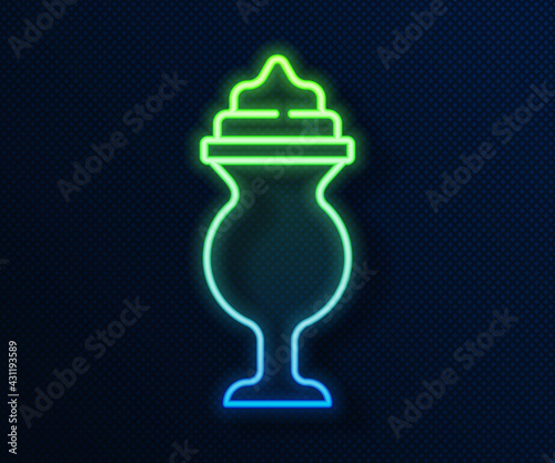Glowing neon line Milkshake icon isolated on blue background. Plastic cup with lid and straw. Vector
