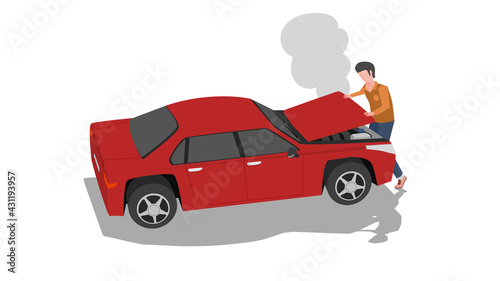 Driving man with open car hood. Smoke or water vapor coming out of the engine. Red cars that are parked for breakdown and maintenance. On isolated white background.