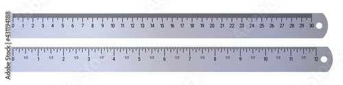 Realistic metal rulers 30 centimeters and 12 inches. 3D realistic vector illustration isolated on white