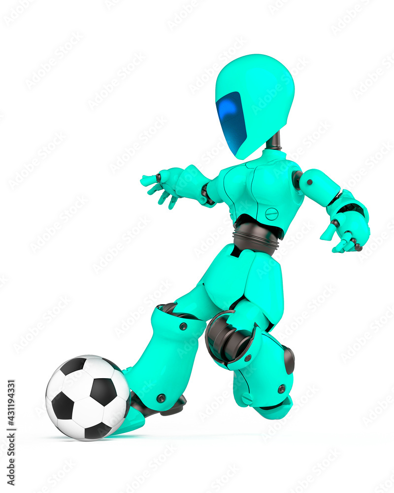 robot girl is kicking the football ball in white background
