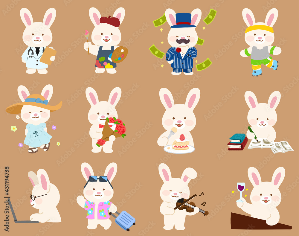 Adorable hand drawn white bunny doing different activities flat colored