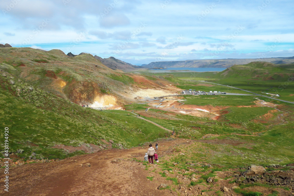 Landscape view over hot springs and mud pools, Seltun geothermal area, Krysuvik, Iceland, Europe