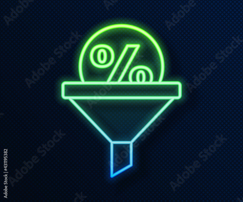 Glowing neon line Lead management icon isolated on blue background. Funnel with discount percent. Target client business concept. Vector