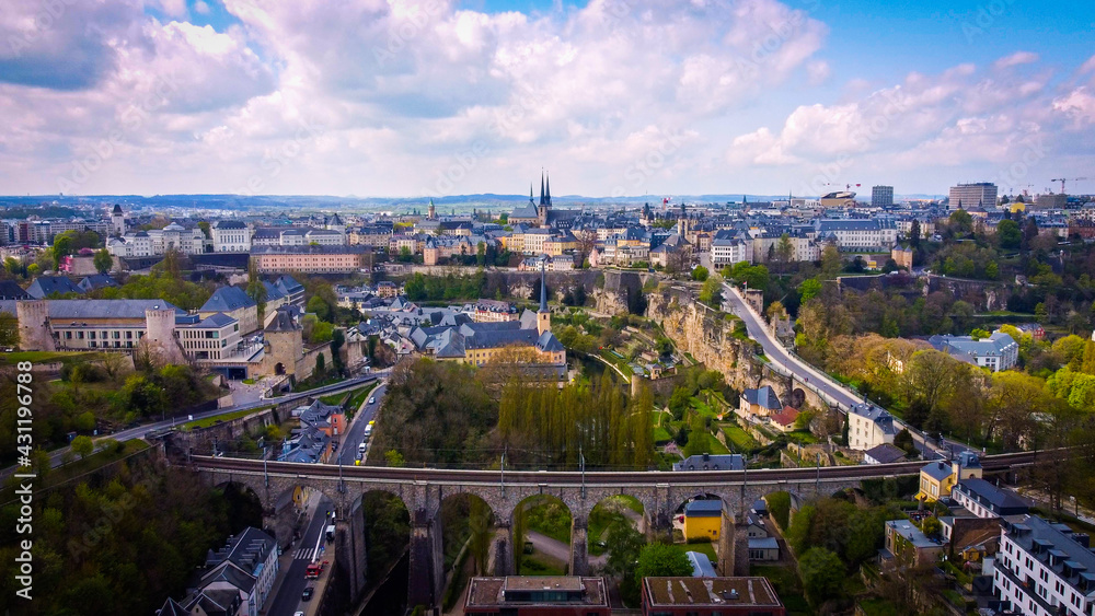 Obraz premium The historic buildings in the city of Luxemburg from above - aerial photography
