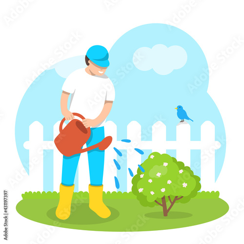 Man waters a flowering bush from a watering can against the background of nature. Care of plants and the territory. Colorful vector illustration.