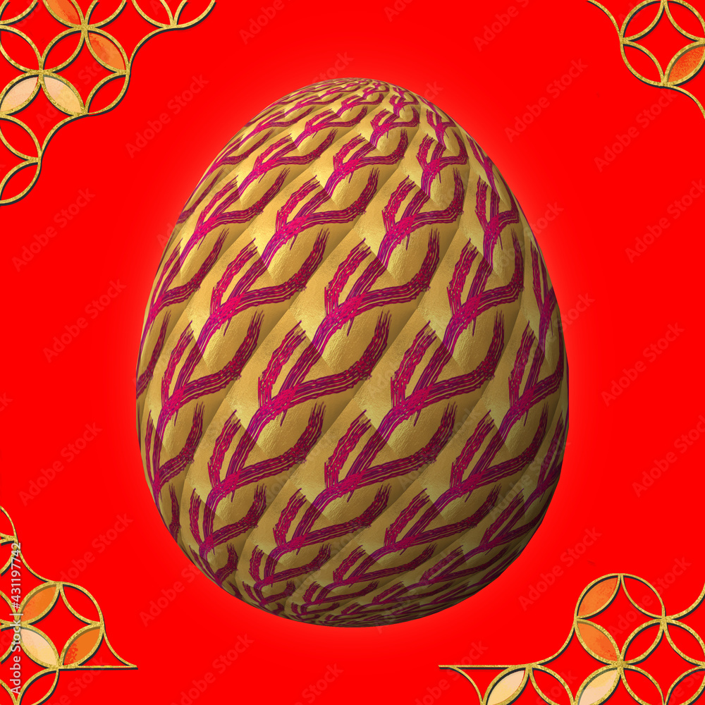 Happy Easter, Artfully designed and colorful 3D easter egg, 3D illustration on red background with frame Happy Easter, Artfully designed and colorful 3D easter egg, 3D illustration on red background with frame
