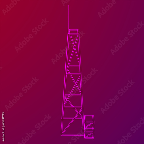 Antenna. Telecommunications signal transmitter radio tower. Communications concept. Wireframe low poly mesh vector illustration