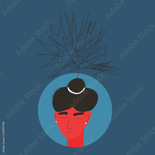 Depression. Portrait of woman with some mental issues. Female person with lot of confusing thoughts. Young lady with bad mood. Person with special needs. Vector icon illustration.