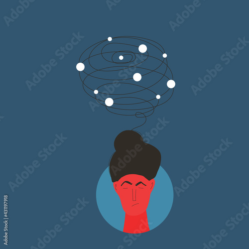 Depression. Portrait of woman with some mental issues. Female person with lot of confusing thoughts. Young lady with bad mood. Person with special needs. Vector icon illustration.