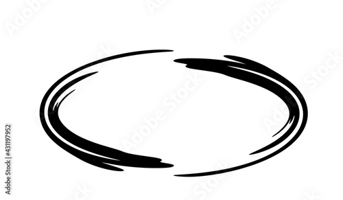 Oval grunge frame isolated on white background. Black ellipse ink border.