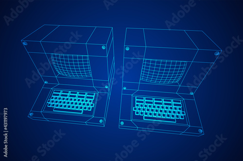 Classic retro perconal computer. Programming code concept. Wireframe low poly mesh vector illustration