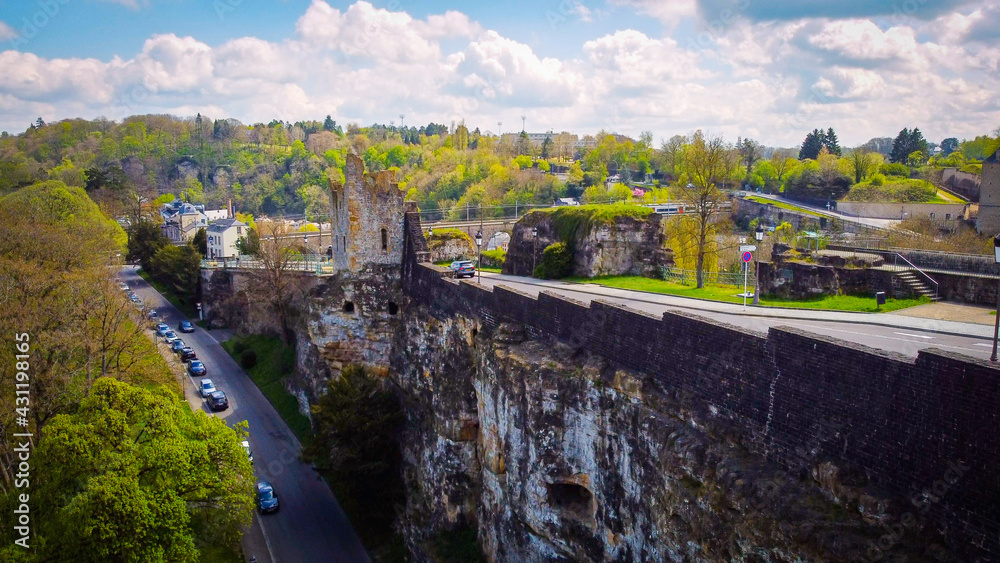 The historic forts and walls in the city of Luxemburg from above - aerial photography