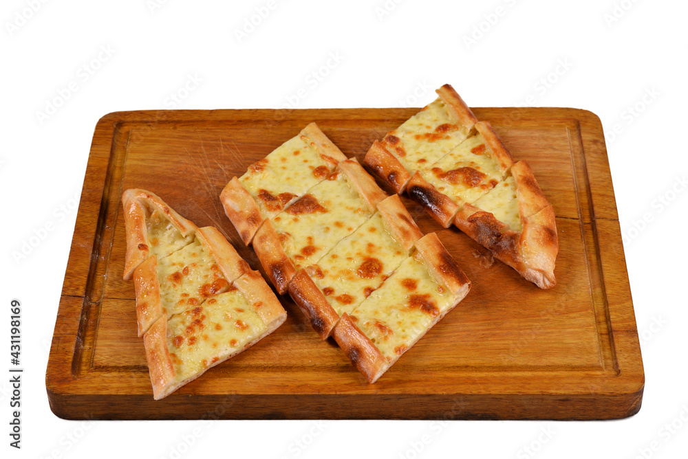 Traditional Turkish Cuisine food cheese pita (pide) with cheddar cheese. Turkish cuisine. Turkish pizza Pita (kasarli pide) on wood, on white background close up Traditional Turkish Cuisine food cheese pita (pide) with cheddar cheese. Turkish cuisine. Turkish pizza Pita (kasarli pide) on wood, on white background close up