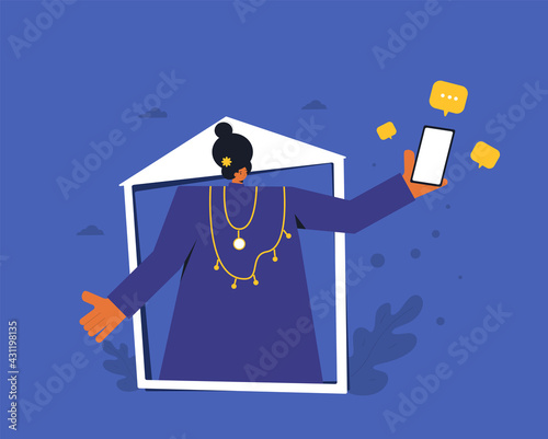 Online communication. Woman portrait with frame. Female person get a message on her phone.