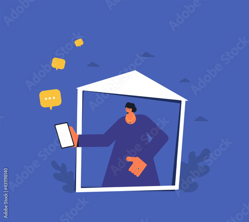 Online communication. Woman portrait with frame. Female person get a message on her phone.