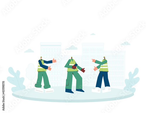 Three builder people. Female and male engineer, technican worker, constructor in safety vest, helmet, uniform standing together. Vector  illustration. photo