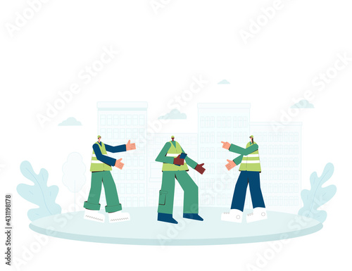 Three builder people. Female and male engineer, technican worker, constructor in safety vest, helmet, uniform standing together. Vector  illustration.