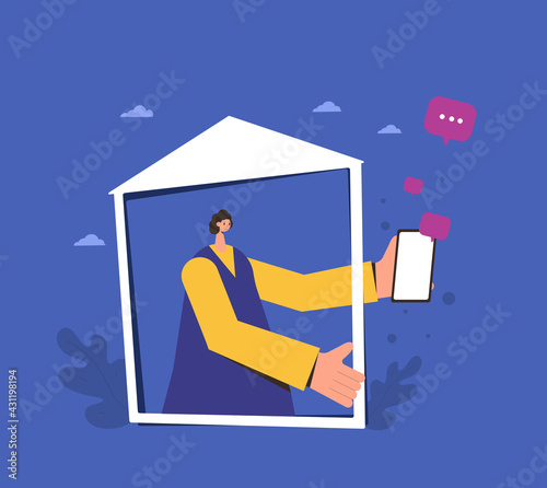 Online communication. Woman portrait with frame. Female person get a message on her phone.