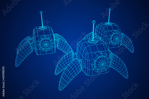 Spider robot with radar antenna. Nanobot, nanotechnology medical concept. Wireframe low poly mesh vector illustration
