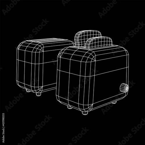 Toaster with two fried pieces of loaf prepared for a breakfast. Wireframe low poly mesh vector illustration.