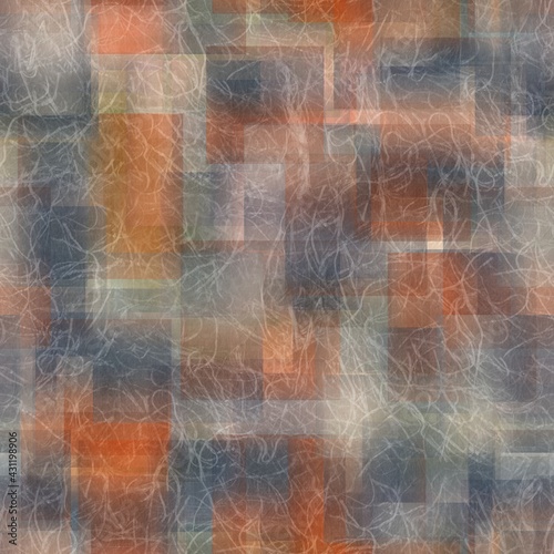 Seamless overlaid geometric shape pattern print. High quality illustration. Transparent rectangles filled with gradient colors scattered. Handmade paper texture overlay.