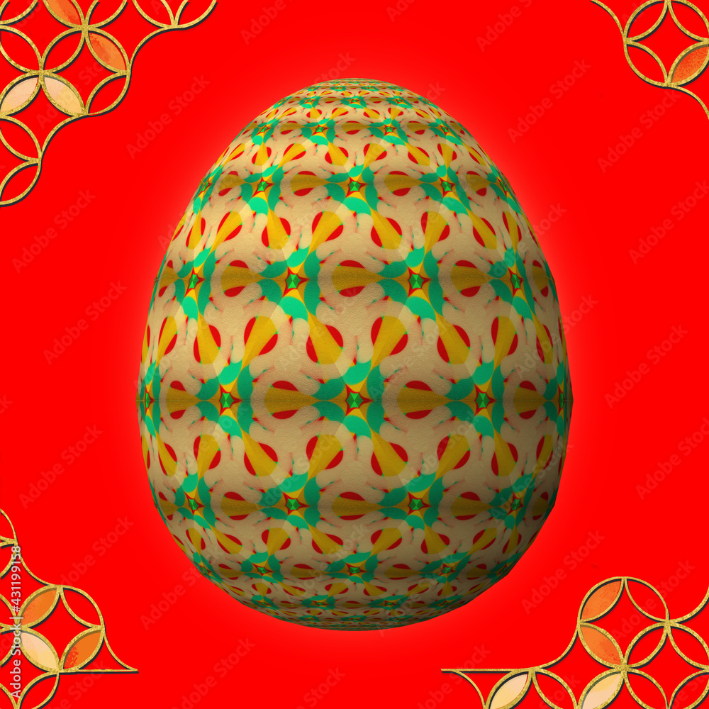 Happy Easter, Artfully designed and colorful 3D easter egg, 3D illustration on red background with frame Happy Easter, Artfully designed and colorful 3D easter egg, 3D illustration on red background with frame