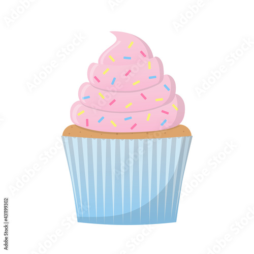 Cupcake with pink cream and decorative sprinkles. Color vector illustration in cartoon flat style. Isolated on a white background.
