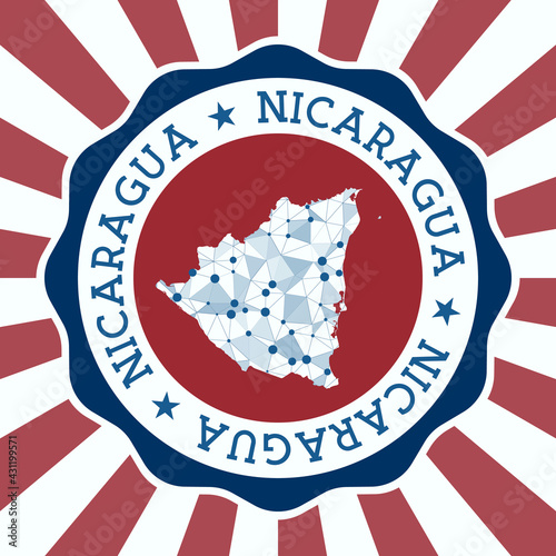Nicaragua Badge. Round logo of country with triangular mesh map and radial rays. EPS10 Vector.