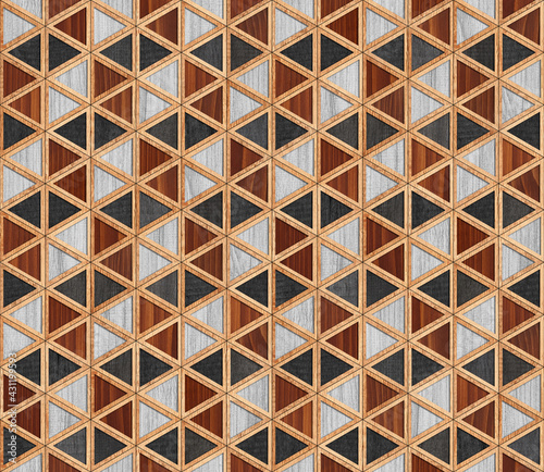 Seamless wooden background. Vintage colorful wooden panel with triangle pattern for wall decor. 
