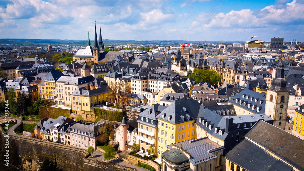 Aerial view over the city of Luxemburg with its beautiful old town district - aerial photography