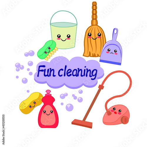 Funny cleaning vector illustration in kawaii style. Set cute cleaning items. Cleanliness concept.