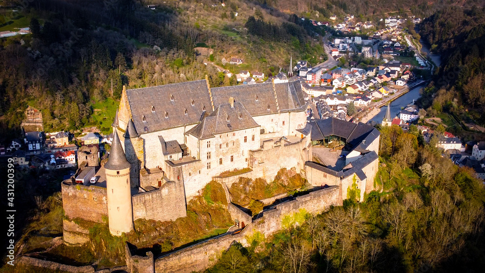 Ancient Vianden Castle in Luxemburg - aerial photography