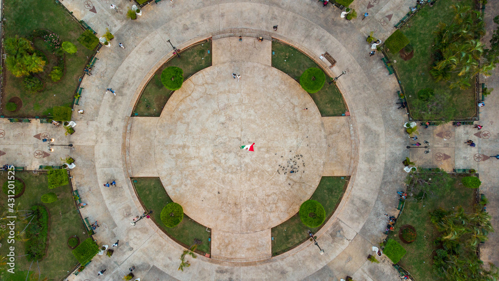 Merida Main Plaza from above with the Mexican Flag