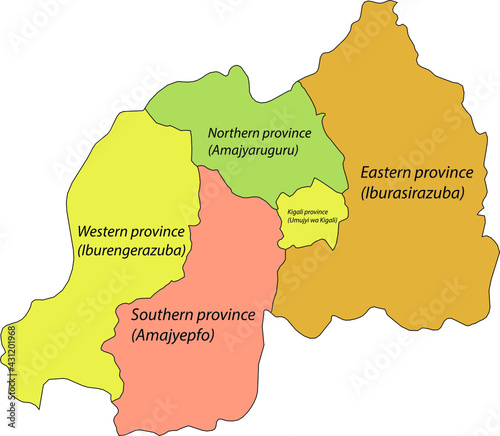 Pastel vector map of the Republic of Rwanda with black borders and names of its provinces