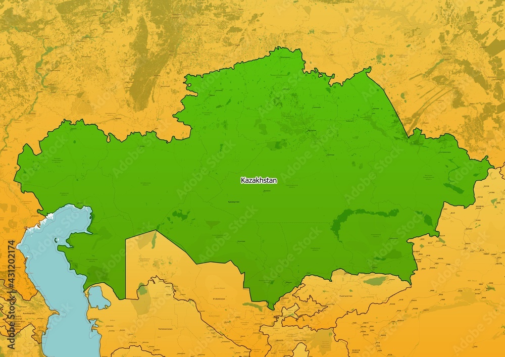 Kazakhstan map showing country highlighted in green color with rest of Asian countries in brown