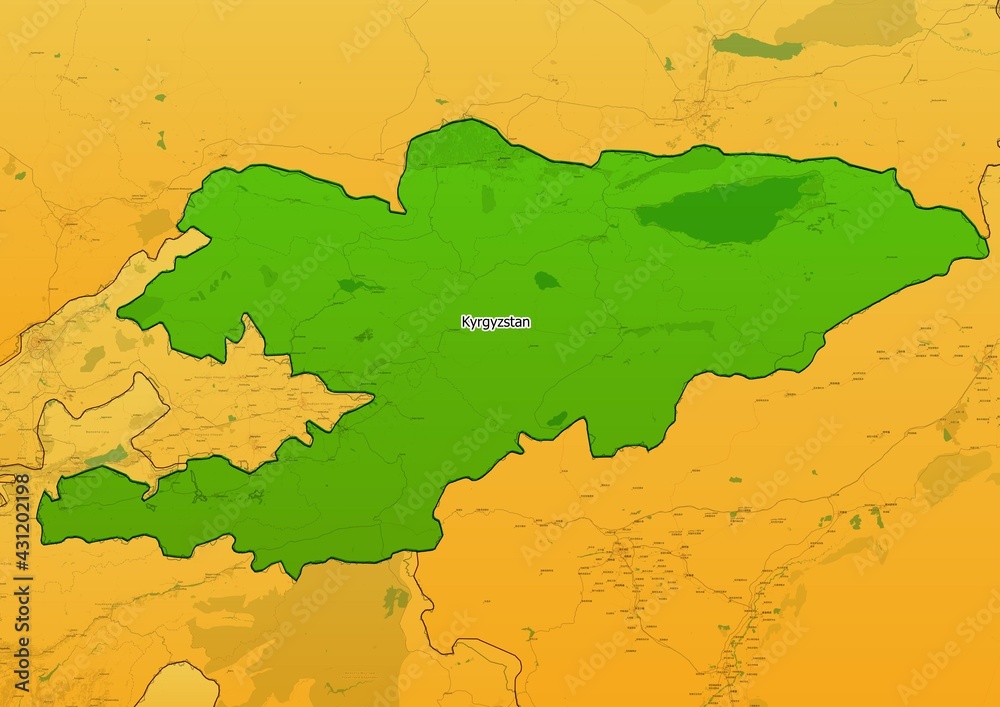 Kyrgyzstan map showing country highlighted in green color with rest of Asian countries in brown