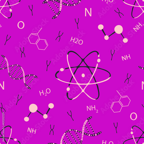 Seamless vector pattern with DNA and atoms on pink background. Simple science wallpaper design. Chemistry fashion textile.