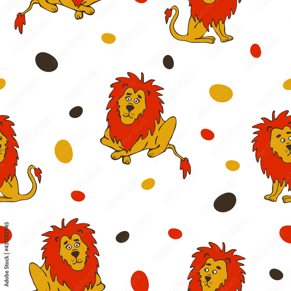 Seamless vector pattern with hand drawn lion on white background. Simple fun animal wallpaper design for children. Decorative cartoon fashion textile. Seamless vector pattern with hand drawn lion on white background. Simple fun animal wallpaper design for children. Decorative cartoon fashion textile.
