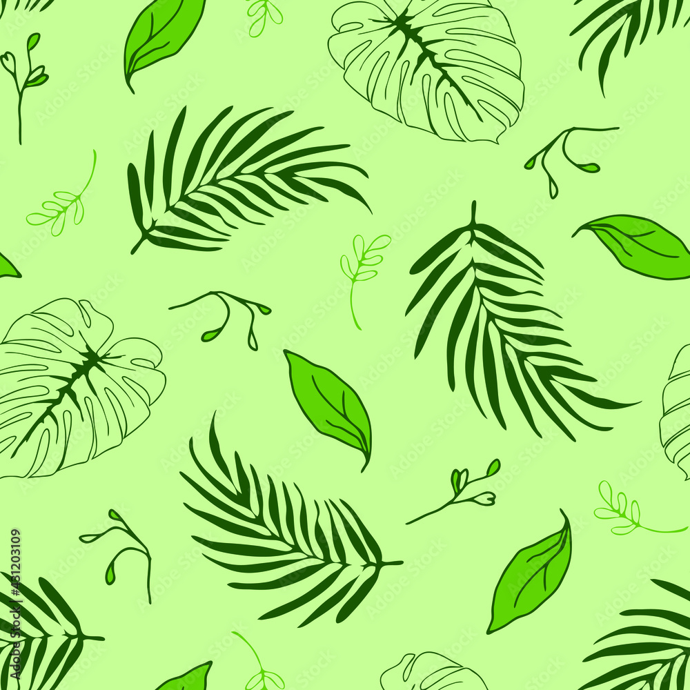 Seamless vector pattern with tropical leaves on green background. Simple summer holiday wallpaper design. Decorative floral fashion textile.