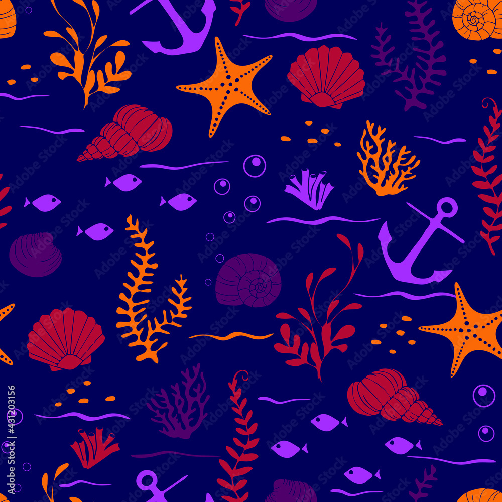 Obraz Seamless vector pattern with seashells and fish on purple background. Beautiful underwater wallpaper design. Bright summer beach fashion textile.