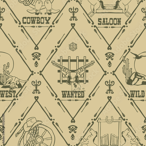 Seamless vector pattern with wild west symbols on off white background. Vintage western Texas wallpaper design. Decorative poster fashion textile.