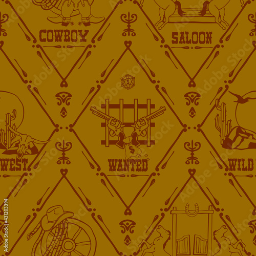 Seamless vector pattern with western style symbol on yellow background. Simple wild west wallpaper design. Decorative historic fashion textile.