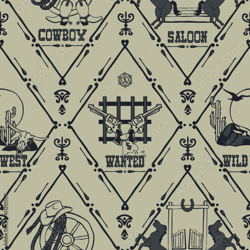 Seamless vector pattern with old wild west logo on grey background. Vintage Texas wallpaper design. Western fashion textile.