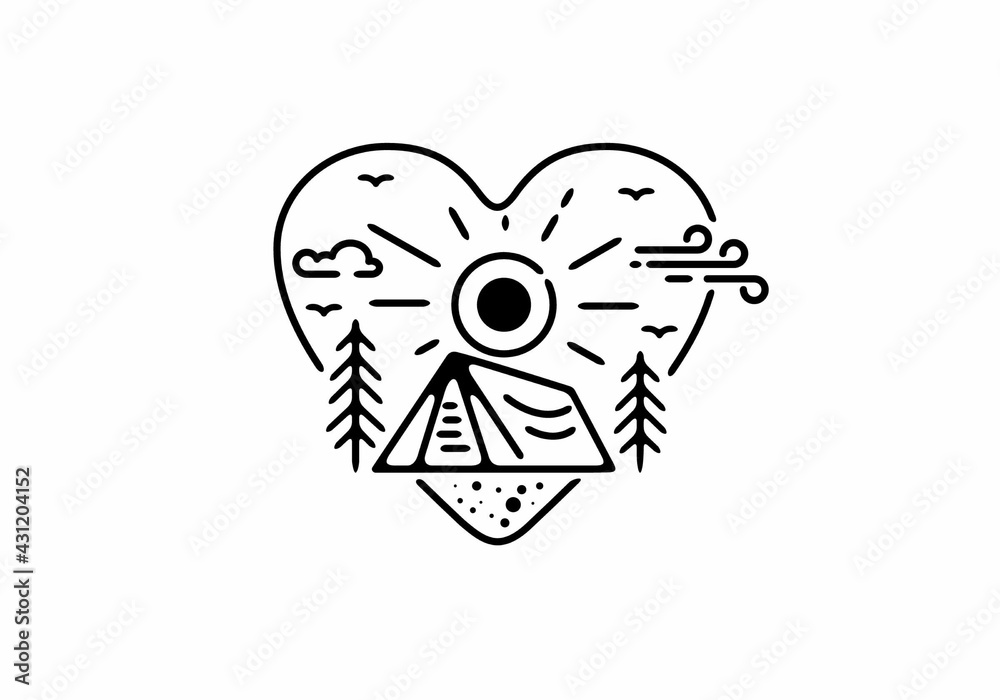 Black line art illustration of camping badge in love shape Black line art illustration of camping badge in love shape