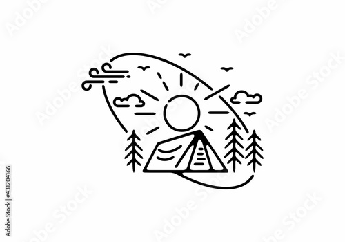 Black line art illustration of camping badge in tilted oval shape