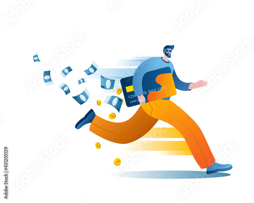 The hacker opened the bank card and runs away with it. Concept of a vector illustration on the topic of cybercrime and Bank card hacking.