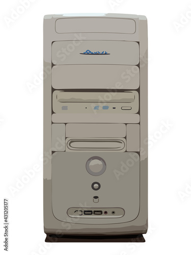 Hardware: illustration, close-up of an isolated old computer (PC) in a yellowed case on a white background. photo