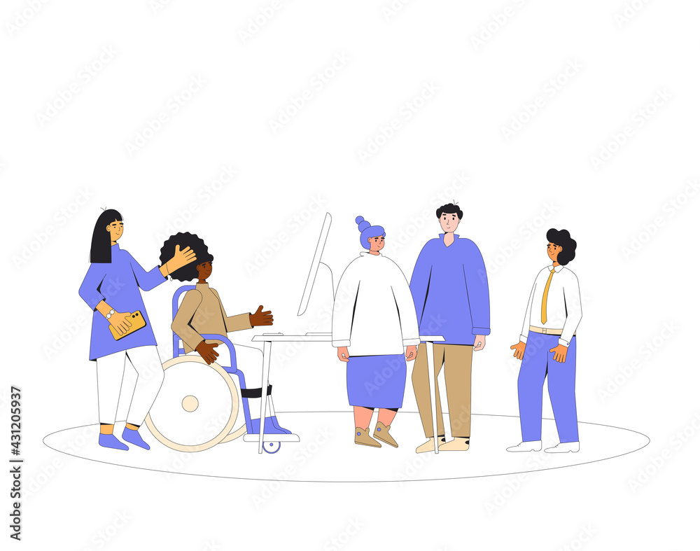 Diverse group of professionals working together on a project. teamwork people. Inclusion at the office. Coworkers talking at brainstorming business meeting.