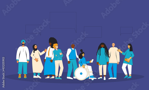 Group of diverse people standing together. Vector illustration.